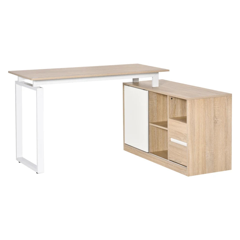 Oak Beige L-Shaped Computer Desk with Storage Shelf