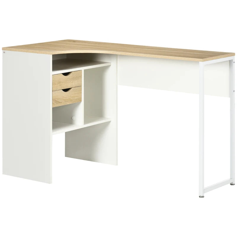 Corner Computer Desk with Drawers and Storage Compartments, Light Brown