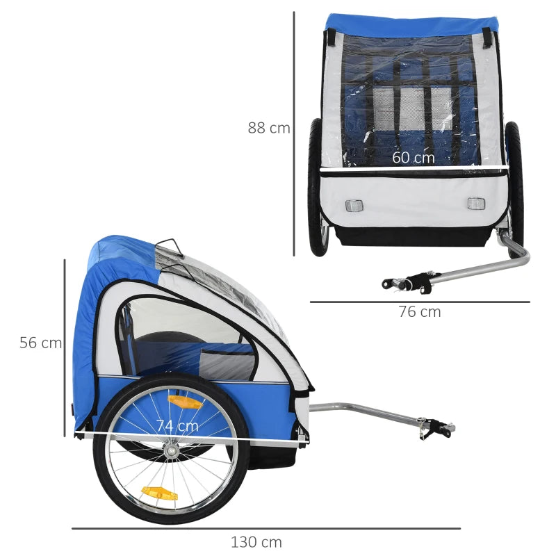 Blue White 2-Seat Child Bike Trailer with Safety Harness