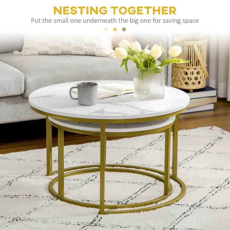 White Marble Nesting Side Tables Set, Modern Metal Frame, Living Room Furniture