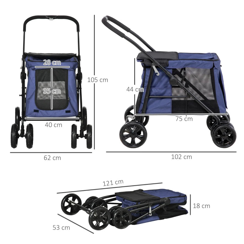 Foldable Pet Stroller with Cushion and Storage Bags, Dark Blue