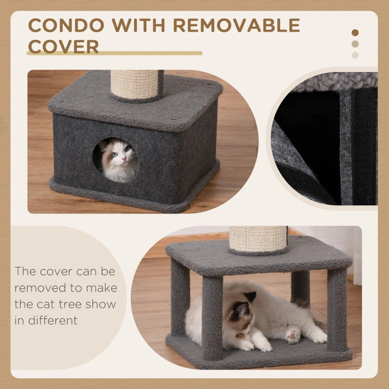 Grey Cat Tree Tower with Scratching Post and Condo