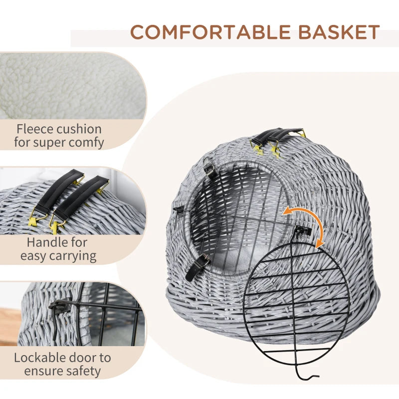 Grey Wicker Pet Carrier Basket with Soft Cushion Handle - 50 x 40 x 40 cm