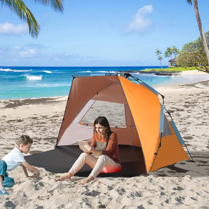 Blue Pop Up Beach Tent with Extended Porch and Mesh Windows