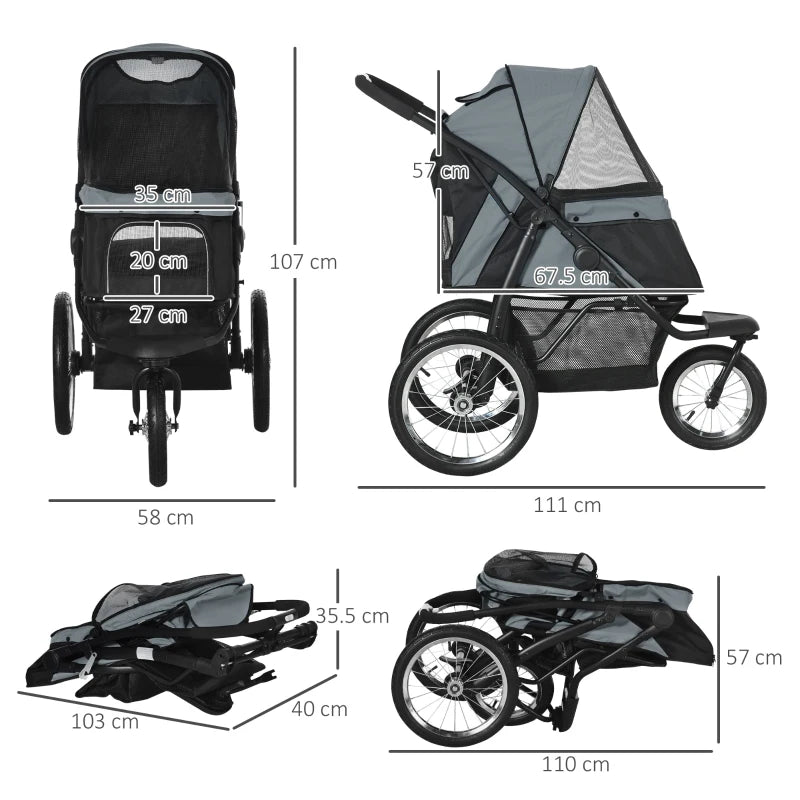 Grey Pet Stroller for Medium & Small Dogs - Foldable Jogger with Adjustable Canopy & Washable Cushion