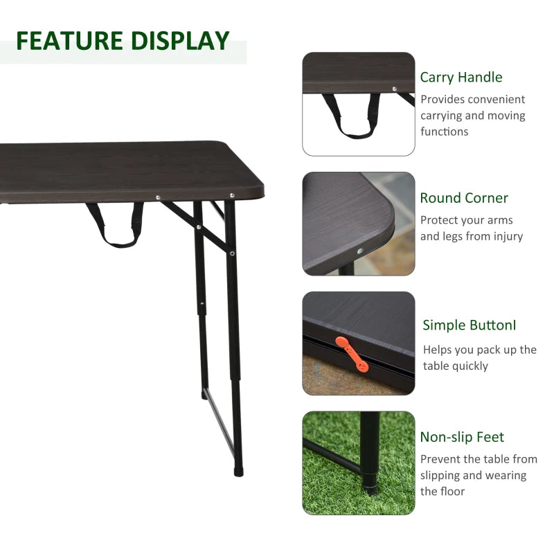 Portable Metal Picnic Table, 4FT, Black/Brown, 22x61x53/71.5 cm