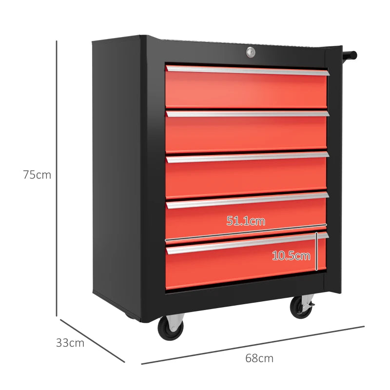 Red 5-Drawer Steel Tool Chest with Wheels and Lockable Cabinet