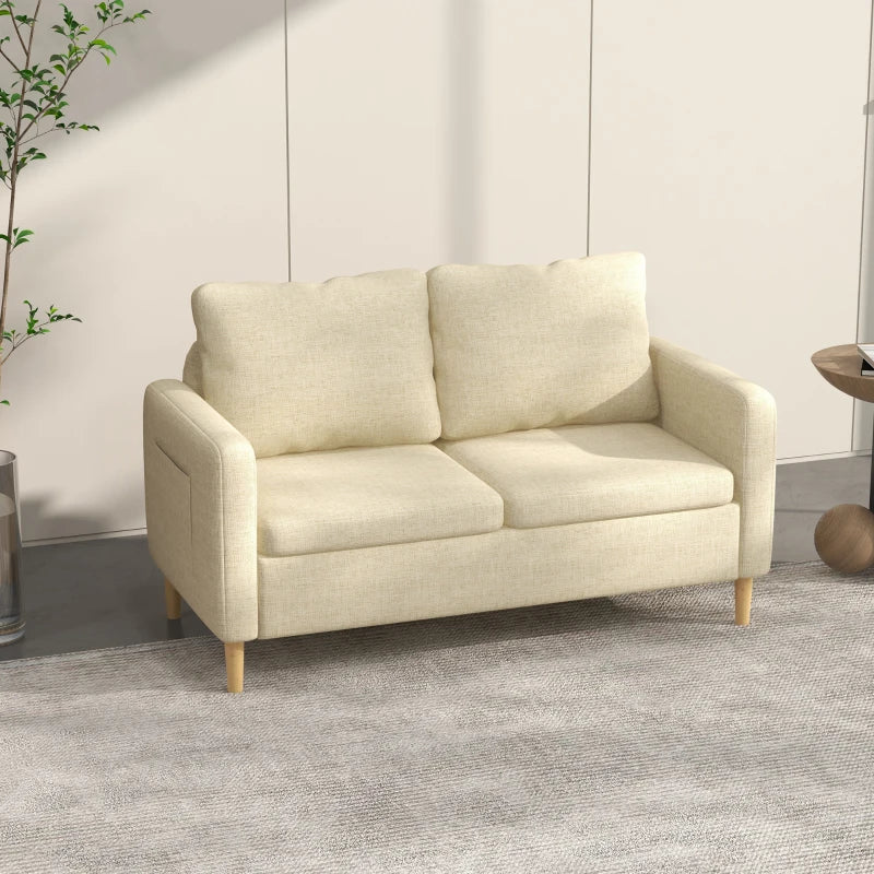 Beige Fabric Two Seater Sofa with Wood Legs and Pockets for Living Room