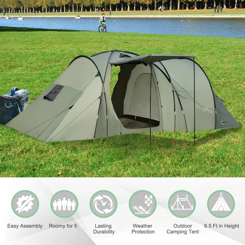 5-Person Two-Bedroom Tunnel Camping Tent in Green with Rainfly and Carry Bag