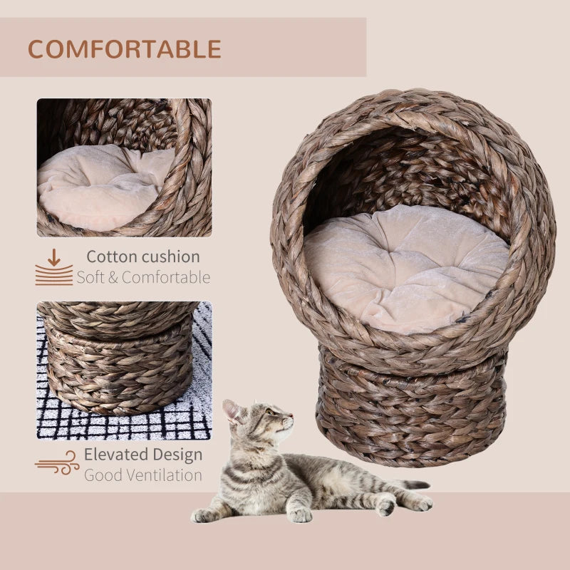 Brown Wicker Cat Bed with Raised Rattan Basket & Washable Cushion