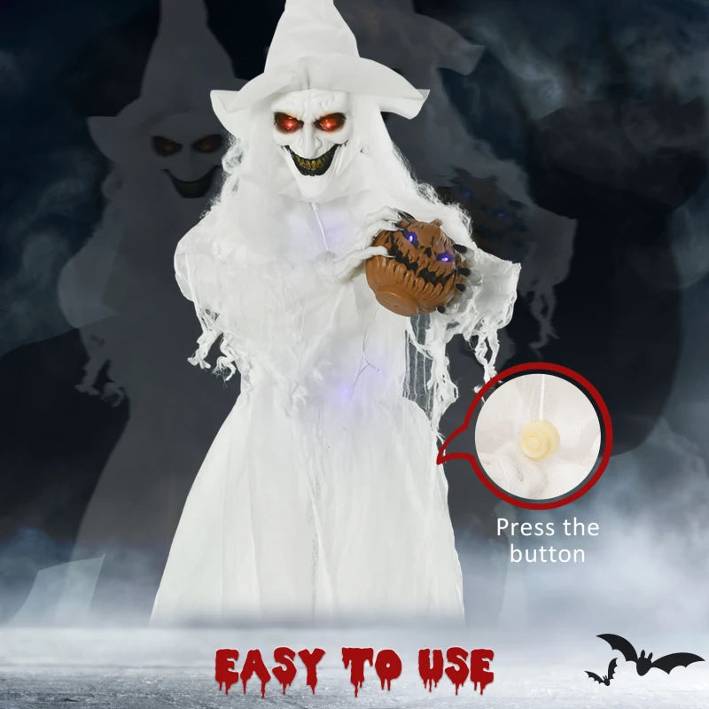 Life Size White Witch Skeleton Halloween Decoration with Light-Up Eyes