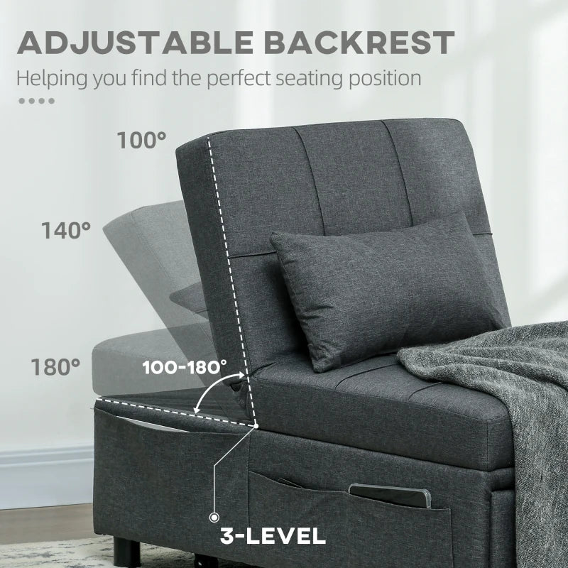 Grey Convertible Chair Bed with Adjustable Backrest and Side Pocket
