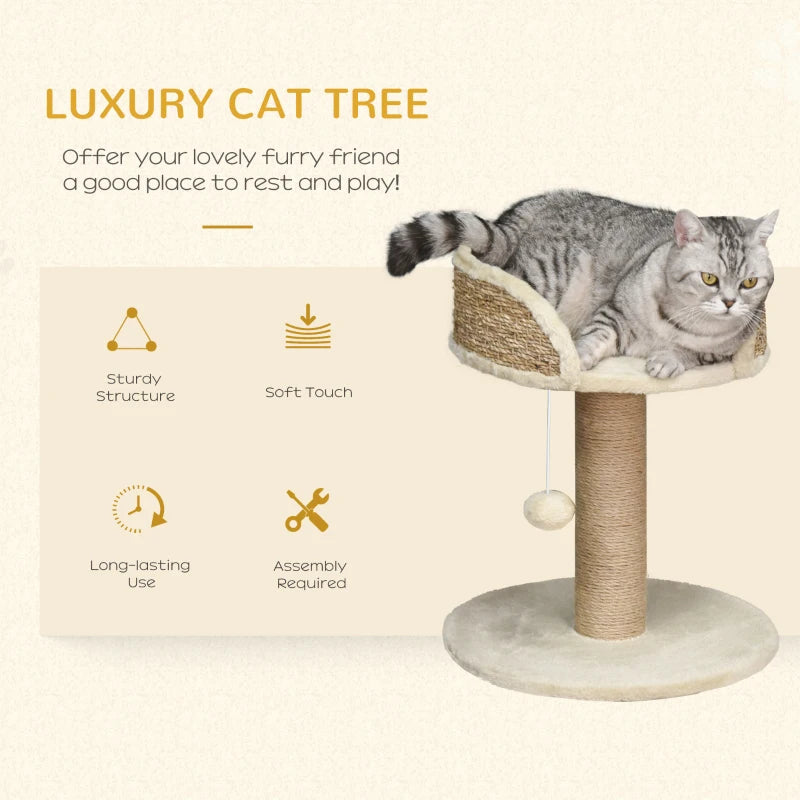 Beige Cat Tree Scratching Post with Dangling Ball