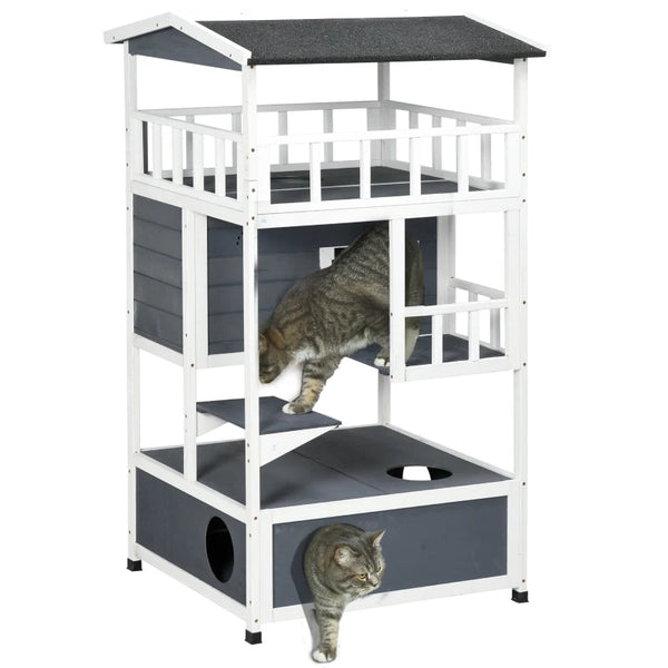 Grey Wooden 3-Tier Outdoor Cat House with Tilted Roof and Waterproof Paint