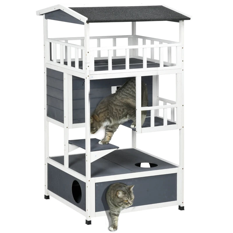 Grey Wooden 3-Tier Outdoor Cat House with Tilted Roof and Waterproof Paint