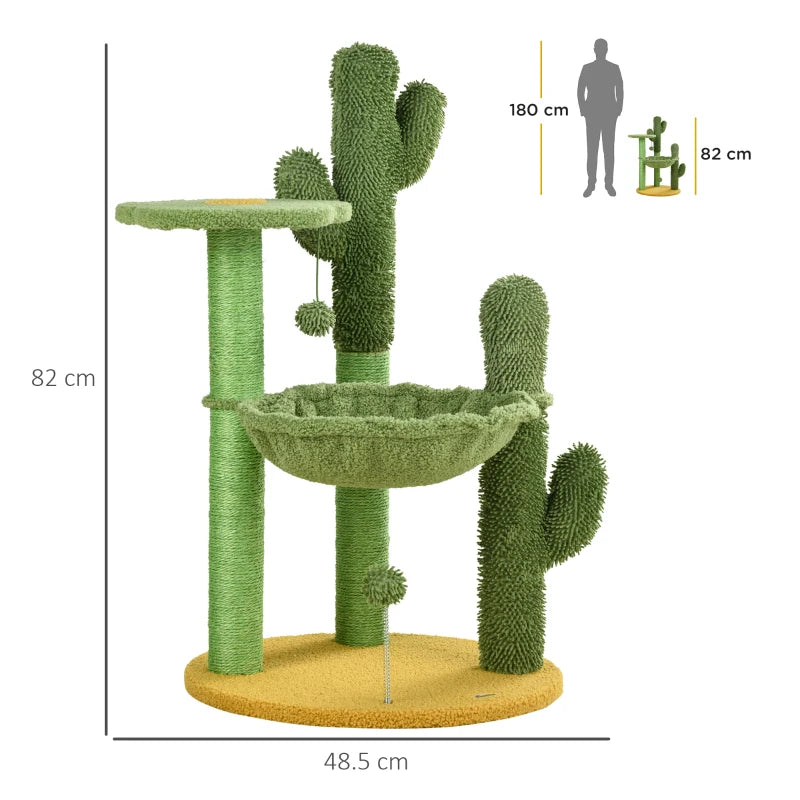 Green Chenille Cactus Cat Tree - 82cm Height with Scratching Post & Hammock