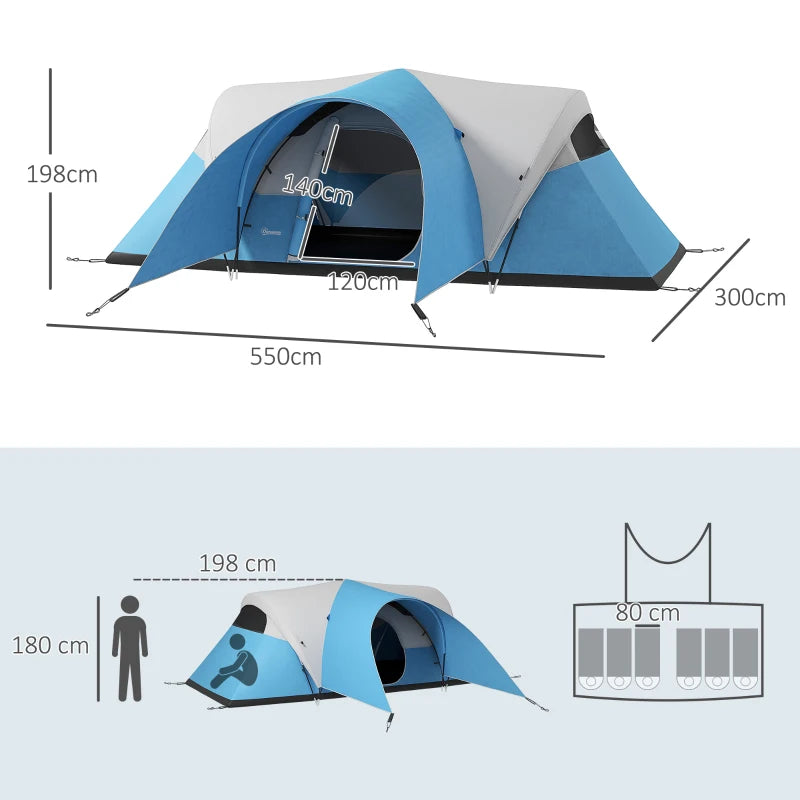 Blue 3000mm Waterproof Camping Tent for 5-6 People with Porch and Groundsheet