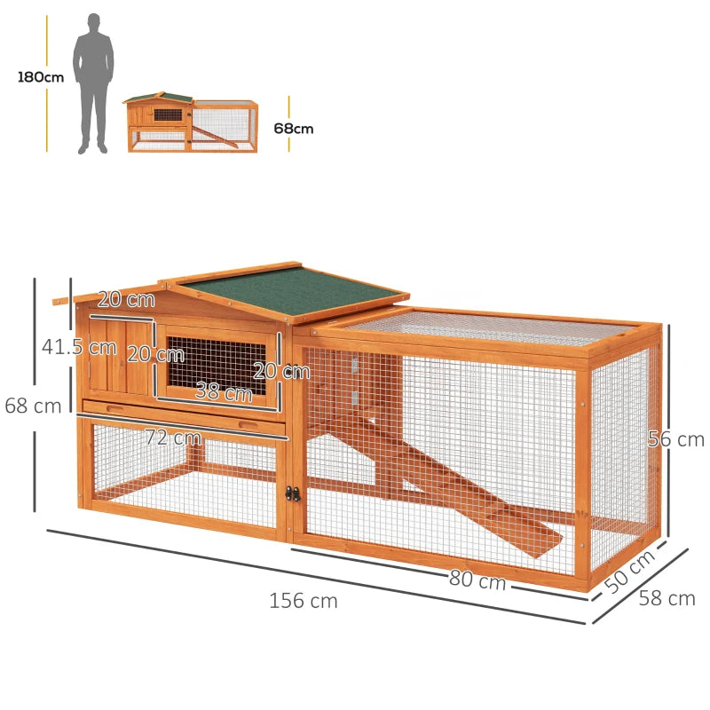 Orange Wooden Rabbit Hutch with Run and Accessories, 156 x 58 x 68cm