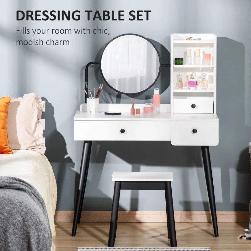 White Vanity Dressing Table Set with Mirror, Stool, and Storage