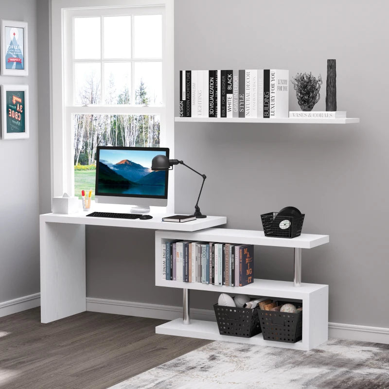 White L-Shaped Rotating Corner Desk with Storage Shelf