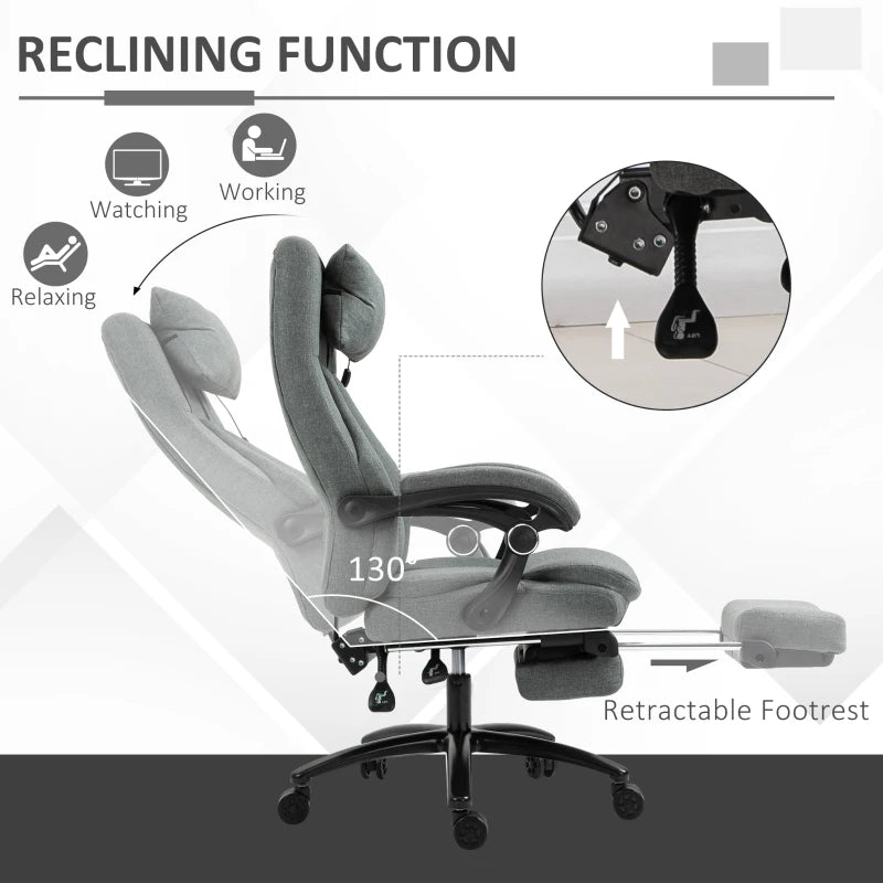 Grey Fabric Office Chair with Massage Pillow, USB Power, Footrest - High Back, 360° Swivel