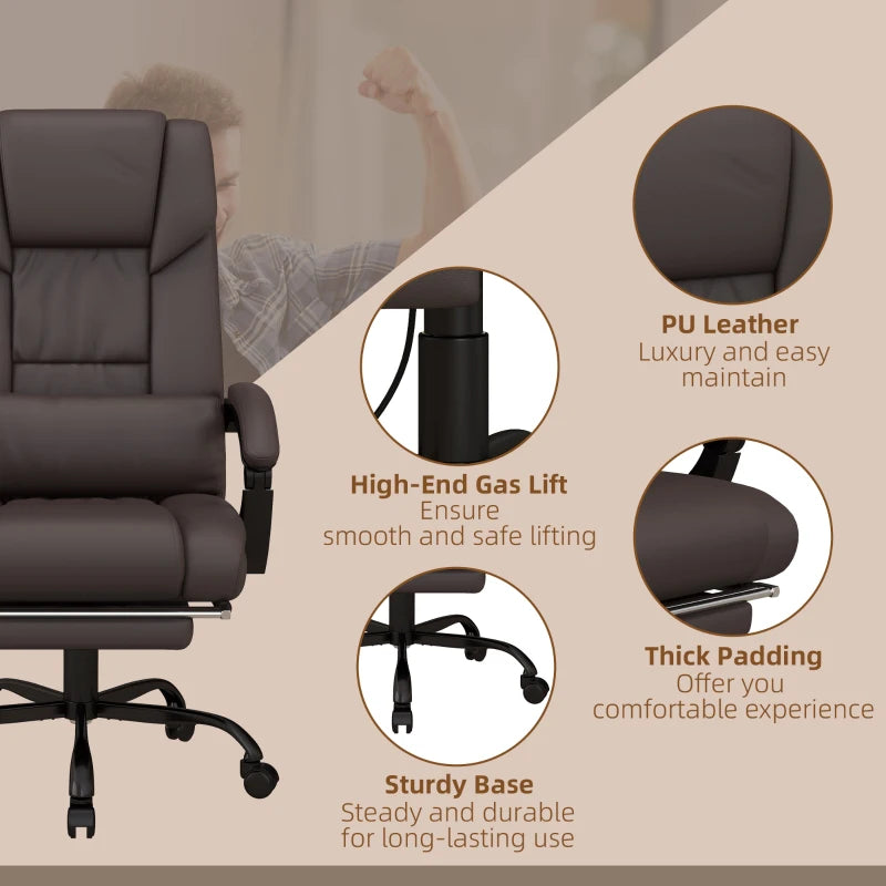 Brown Massage Office Chair with Footrest - Adjustable Height, PU Leather