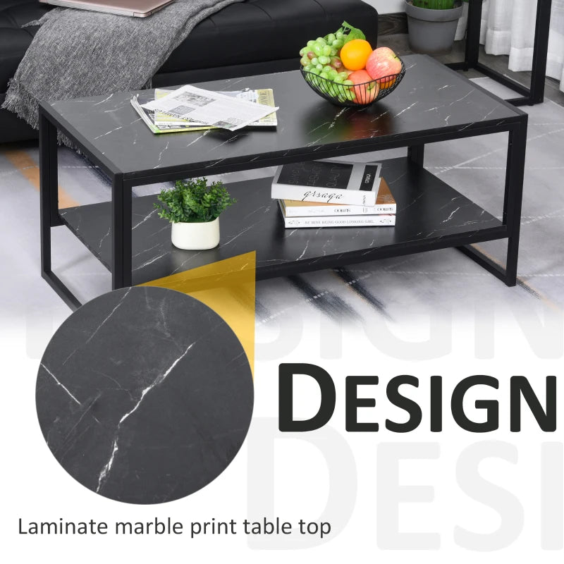 Marble Print Two-Tier Coffee Table - Modern Style, Metal Frame, 2 Shelves (White)