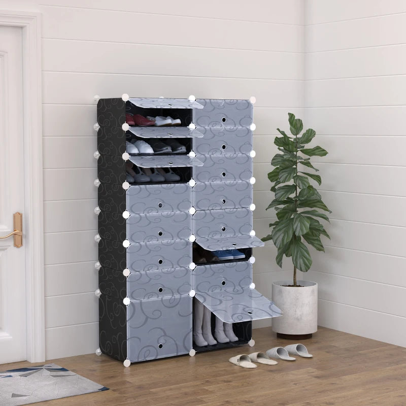 Modular 16-Cube Shoe Rack, 2 x 8 Tier Storage Cabinet, White & Black