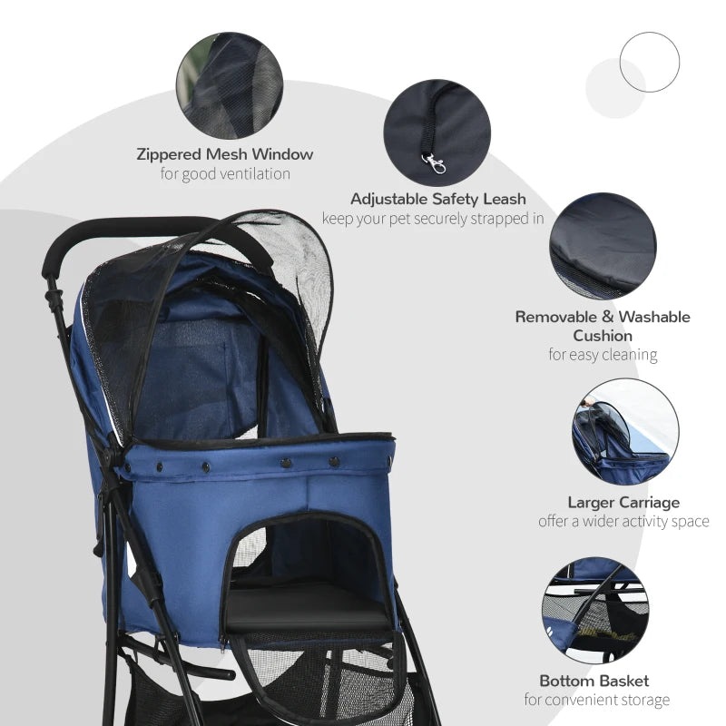 Dark Blue Pet Stroller with Large Carriage and Storage Bag