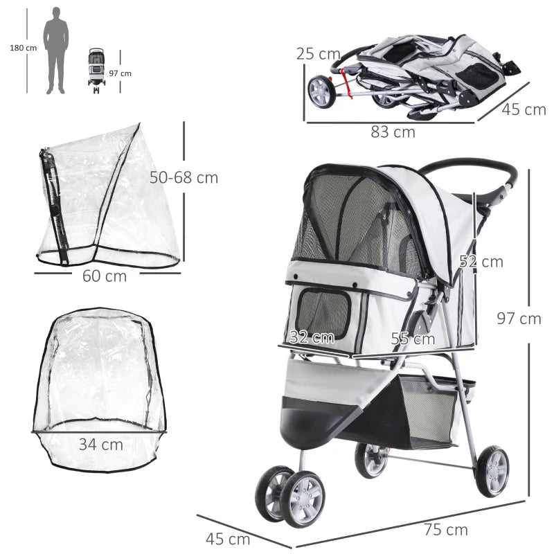 Grey Pet Stroller with Cover for Small Dogs, Folding Cat Pram