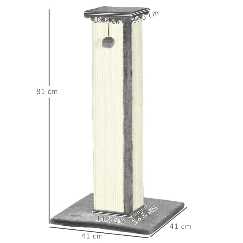 Grey 81cm Vertical Cat Scratcher with Sisal Rope and Plush Ball