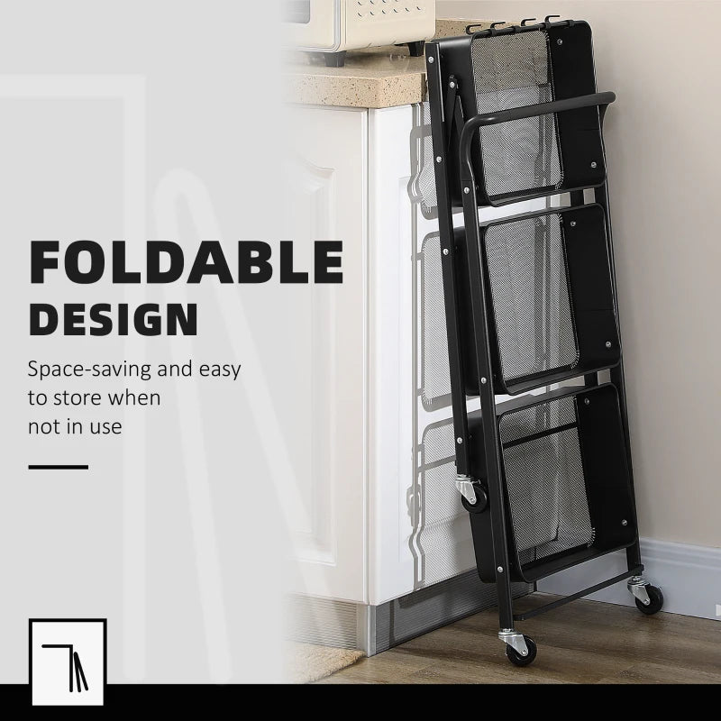 Black 3 Tier Foldable Storage Trolley Cart with Mesh Baskets and Hooks