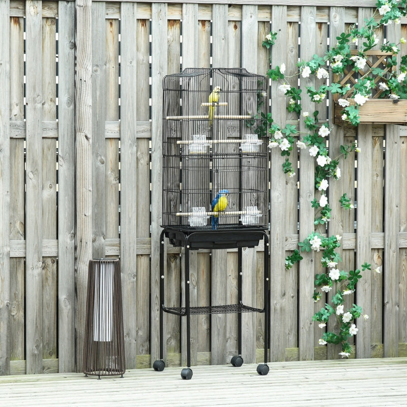 Black Bird Cage with Stand and Accessories, 46.5 x 36 x 157 cm