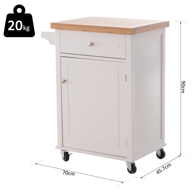 White Kitchen Storage Trolley with Drawer and Cupboard