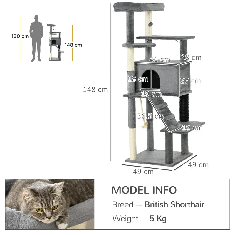 Grey Cat Tree Tower with Scratching Post and Toy