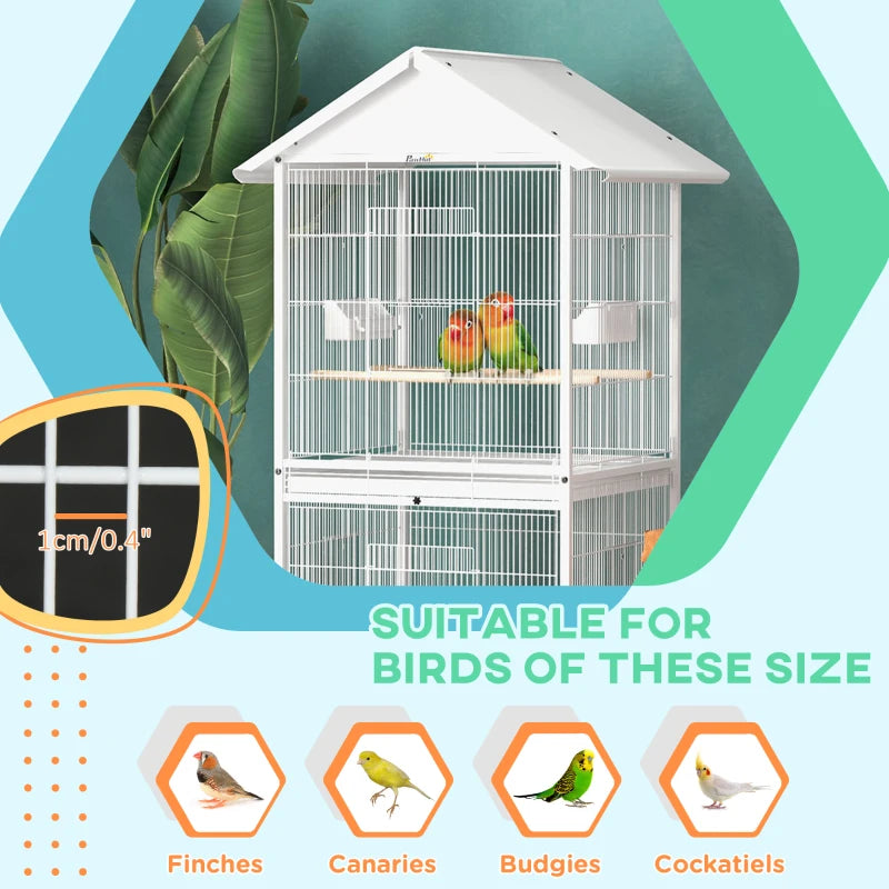 White Bird Cage with Stand, Perches & Wheels - Large Parrot Cage for Small Birds