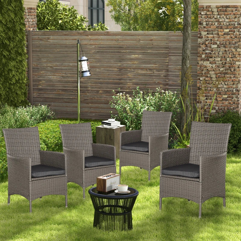 Grey Rattan Armchair Set with Cushions - Set of 4