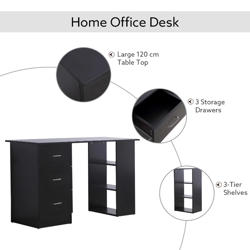 Black Computer Desk with Storage Shelves and Drawers