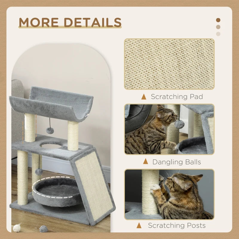 Cat Tree Tower with Scratching Posts, Pad, Bed, Perch, Toy Ball - Light Grey