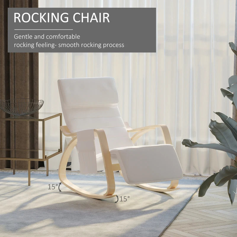 Adjustable Rocking Lounge Chair with Footrest and Pocket - Cream White
