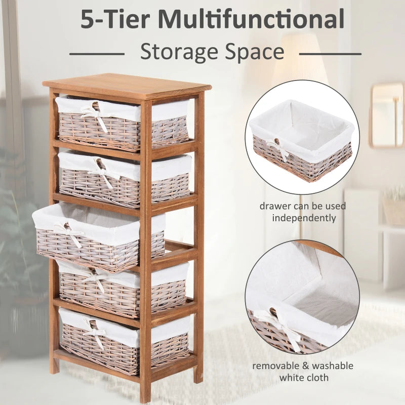 5-Drawer Wicker Basket Storage Unit - Natural Wood Finish