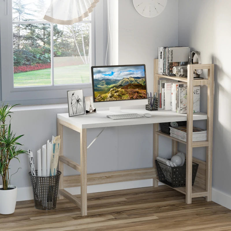 White and Oak 3-Tier Storage Computer Desk - 120cm Writing Table