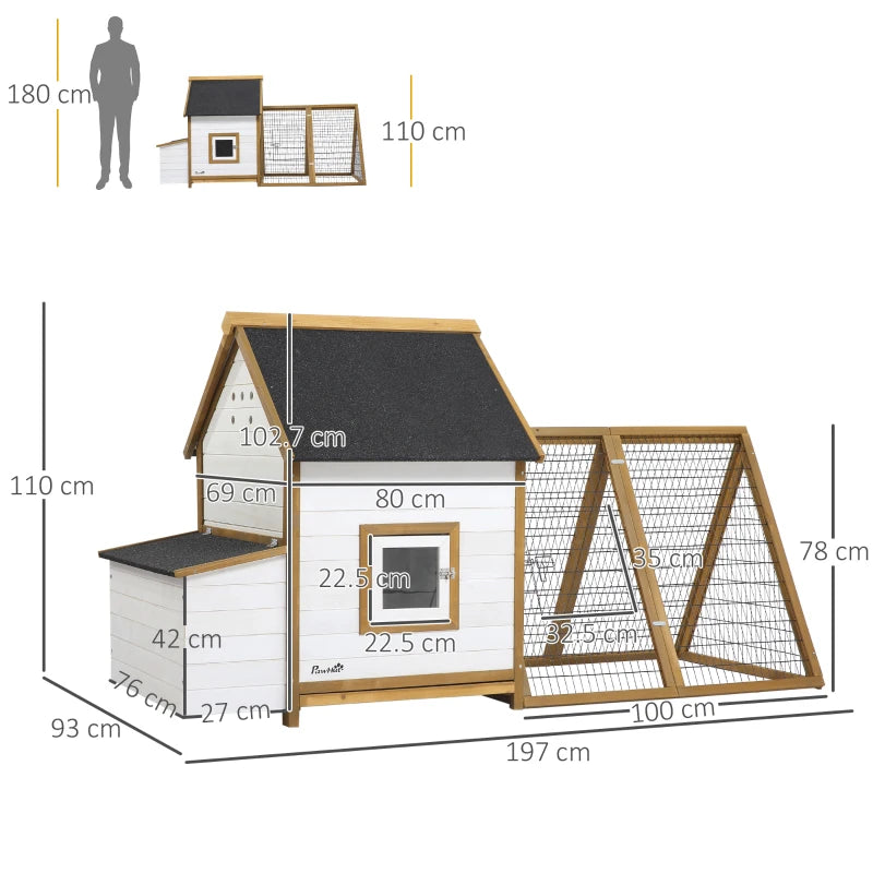 Wooden Chicken Coop with Outdoor Run, Nesting Box, Window, Lockable Door - 197 x 93 x 110cm (Brown)