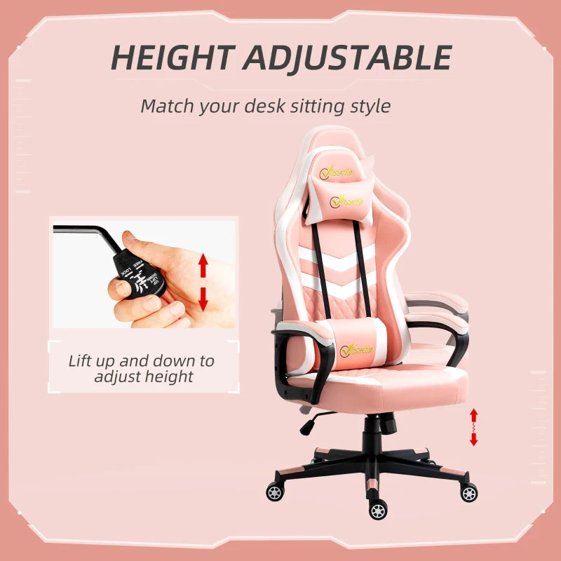 Pink Gaming Chair with Lumbar Support and Swivel Wheels