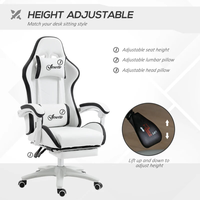 White & Black Racing Gaming Chair with Footrest and Swivel Seat