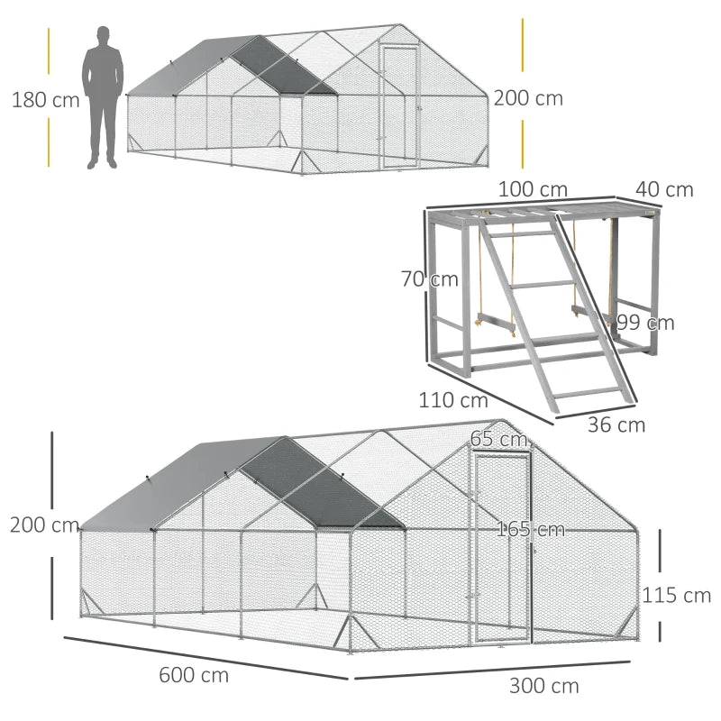 Large Chicken Run with Activity Shelf and Cover, 3x6x2m, Green