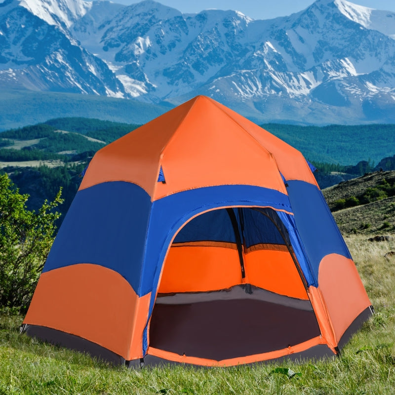 Hexagon Double Layer Dome Tent, 4-Person Pop Up Camping Shelter, Orange/Blue