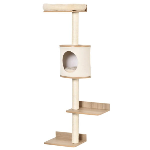 Beige Wall-Mounted Cat Tree with House, Bed, Scratching Post