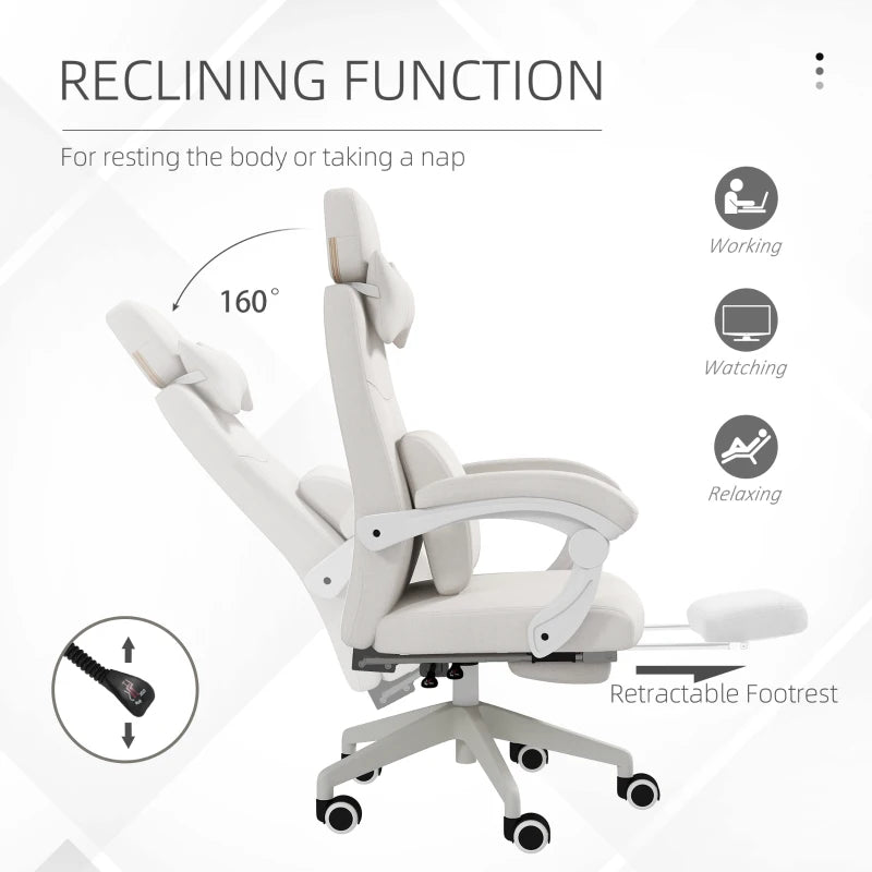 White Linen-Look Office Chair with Reclining Back and Footrest