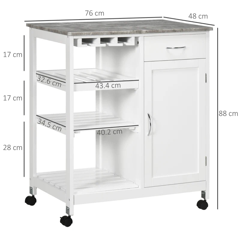 White Kitchen Trolley Cart with Wine Rack and Storage